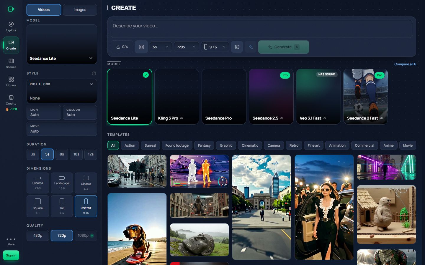 The buildmy.video studio: a prompt box at the top, model cards below it, the settings controls, and a wall of ready-made templates underneath.