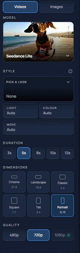 The settings panel: model, style, light, colour and movement, duration buttons from 3s to 12s, dimension options from cinema to portrait, and quality from 480p to 1080p.
