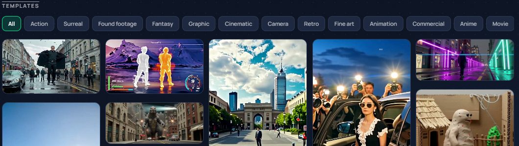 The template wall: tiles showing a bullet-time street scene, a thermal-camera shot, a giant monster over a city, a paparazzi shot and a claymation character.